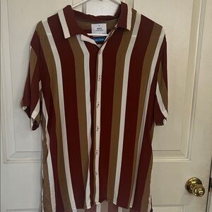 Mi Men's Casual Striped Shirt - Red, White, and Brown
